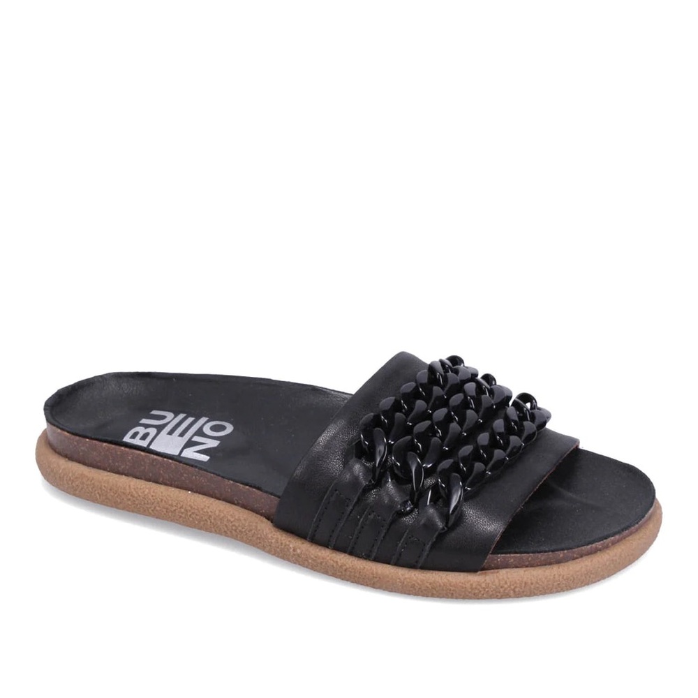 Bueno Emilia Black Butter Soft Leather and Chain Detsil Slide Sandals Size 39